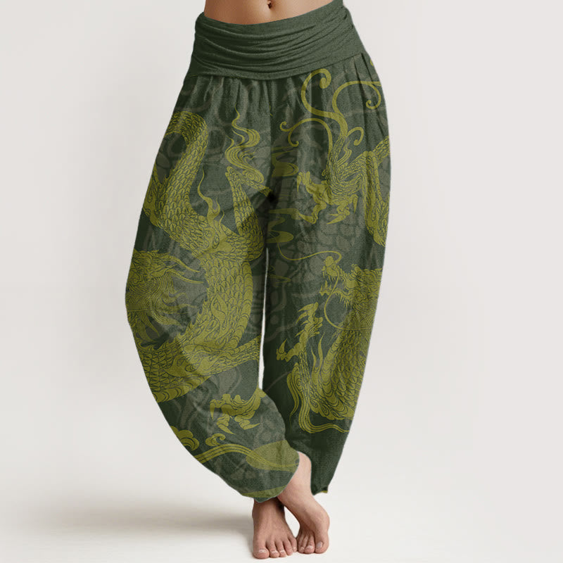 Pantaloni harem da donna con elastico in vita, in puro cotone, con Buddha Stones drago e nuvole di buon auspicio