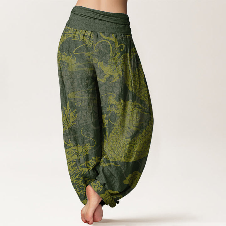 Pantaloni harem da donna con elastico in vita, in puro cotone, con Buddha Stones drago e nuvole di buon auspicio