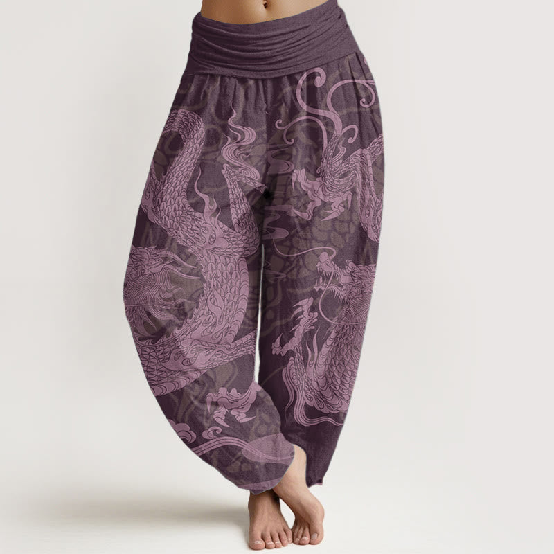 Pantaloni harem da donna con elastico in vita, in puro cotone, con Buddha Stones drago e nuvole di buon auspicio