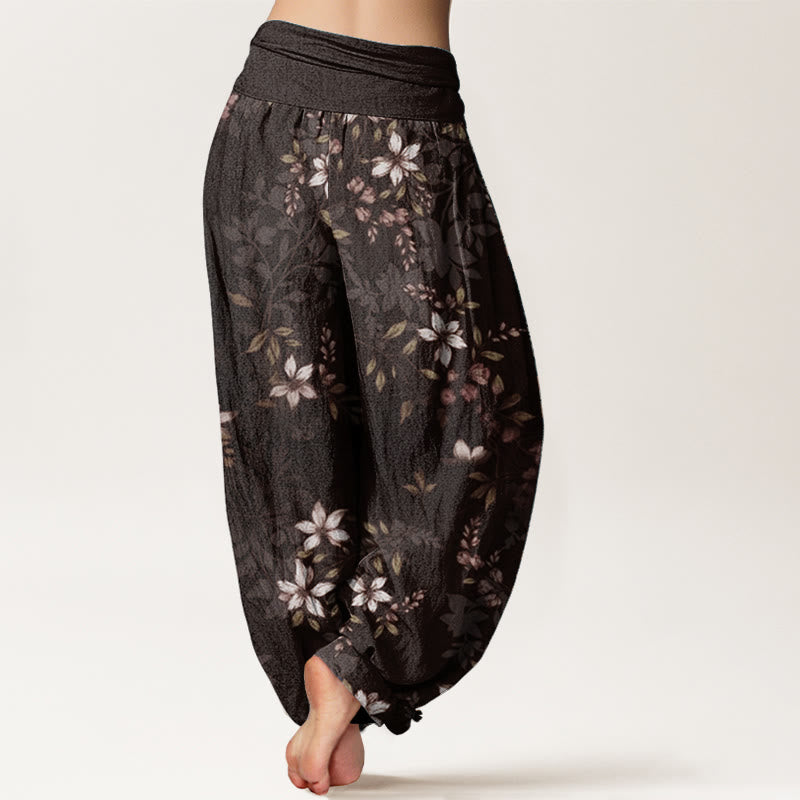 Pantaloni harem da donna con elastico in vita, in puro cotone, con piccoli fiori bianchi e foglie verdi, motivo Buddha Stones - image 9