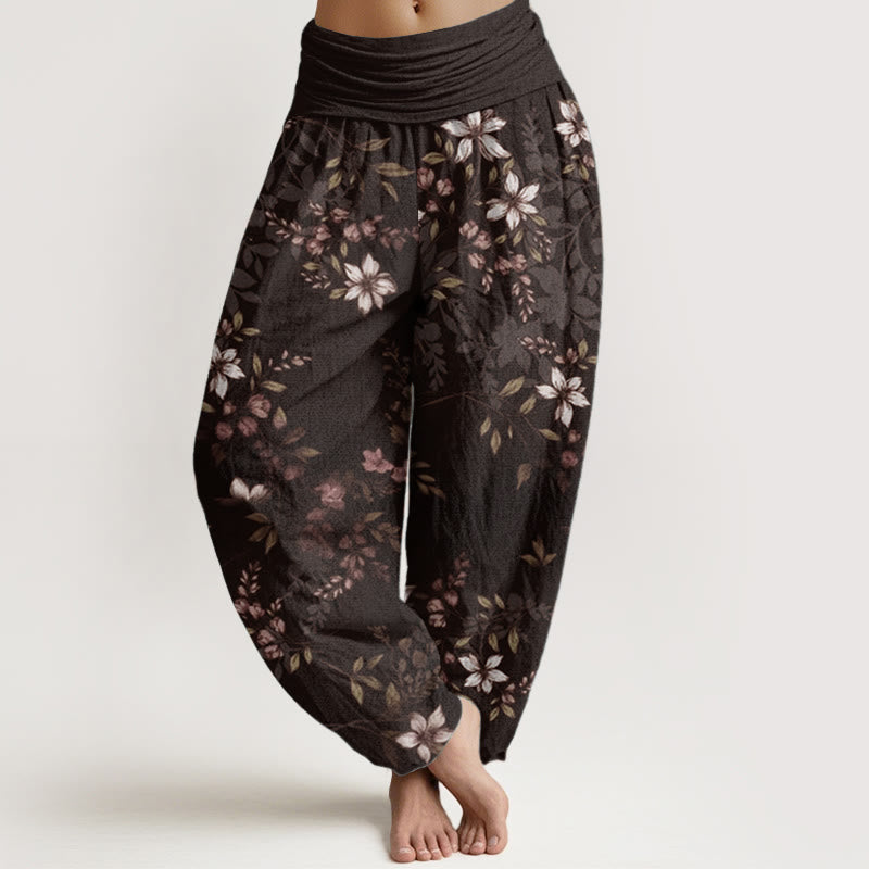 Pantaloni harem da donna con elastico in vita, in puro cotone, con piccoli fiori bianchi e foglie verdi, motivo Buddha Stones