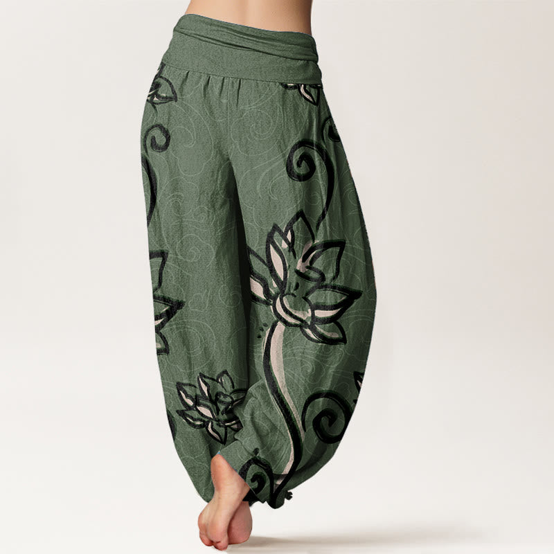 Pantaloni harem da donna con elastico in vita, in puro cotone, casual, con motivo a nuvole di buon auspicio e Buddha Stones