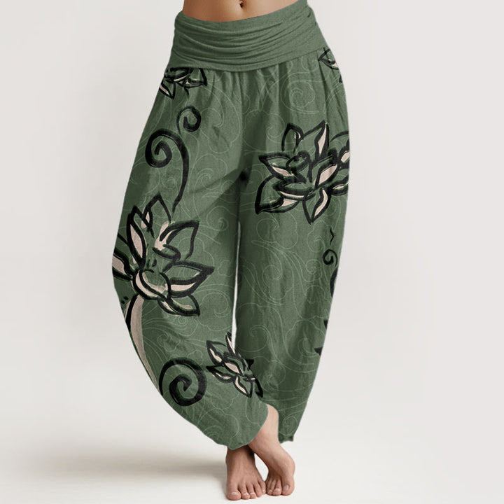 Pantaloni harem da donna con elastico in vita, in puro cotone, casual, con motivo a nuvole di buon auspicio e Buddha Stones