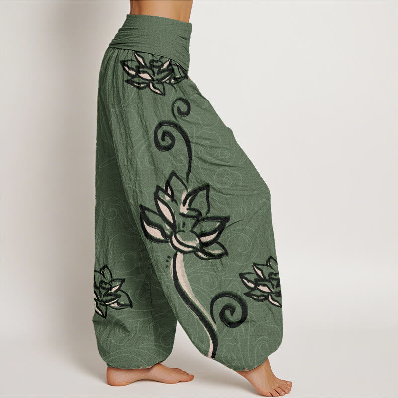 Pantaloni harem da donna con elastico in vita, in puro cotone, casual, con motivo a nuvole di buon auspicio e Buddha Stones
