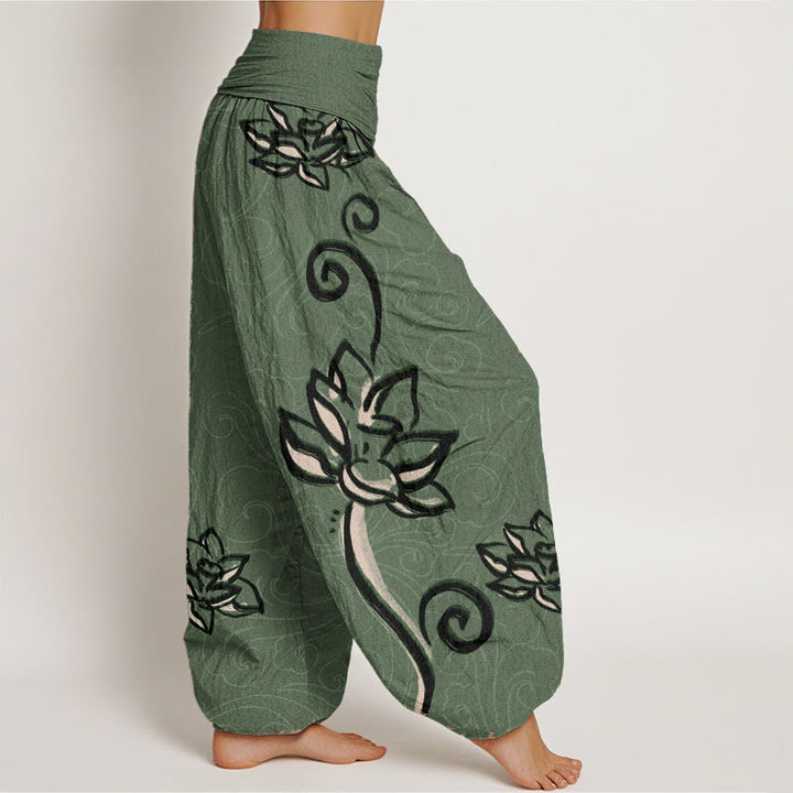 Pantaloni harem da donna con elastico in vita, in puro cotone, casual, con motivo a nuvole di buon auspicio e Buddha Stones