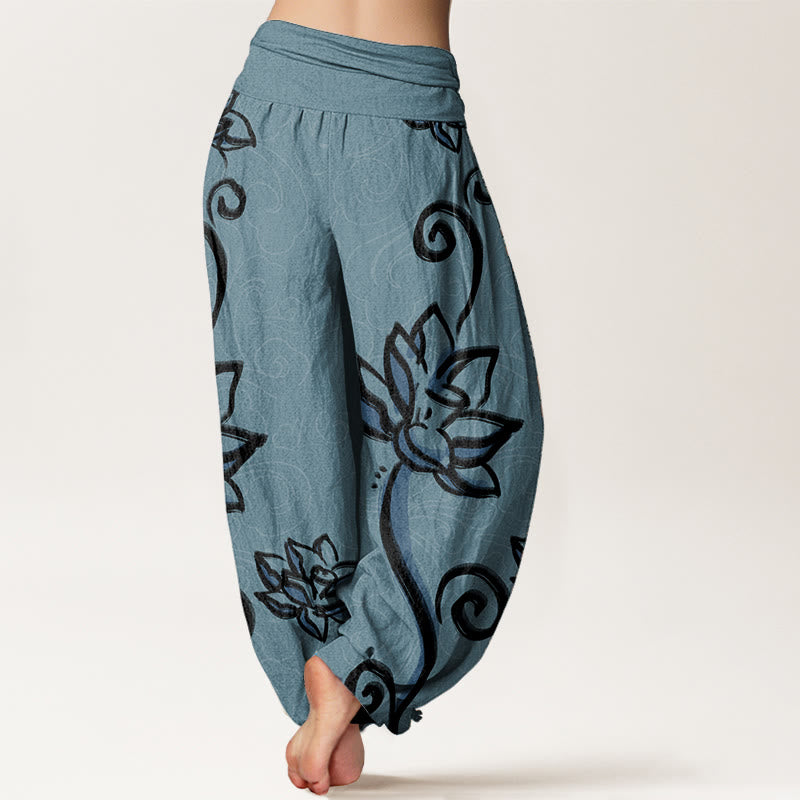 Pantaloni harem da donna con elastico in vita, in puro cotone, casual, con motivo a nuvole di buon auspicio e Buddha Stones