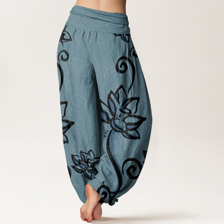 Pantaloni harem da donna con elastico in vita, in puro cotone, casual, con motivo a nuvole di buon auspicio e Buddha Stones