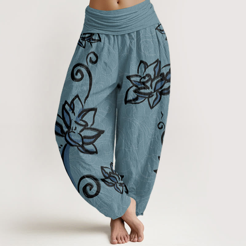 Pantaloni harem da donna con elastico in vita, in puro cotone, casual, con motivo a nuvole di buon auspicio e Buddha Stones