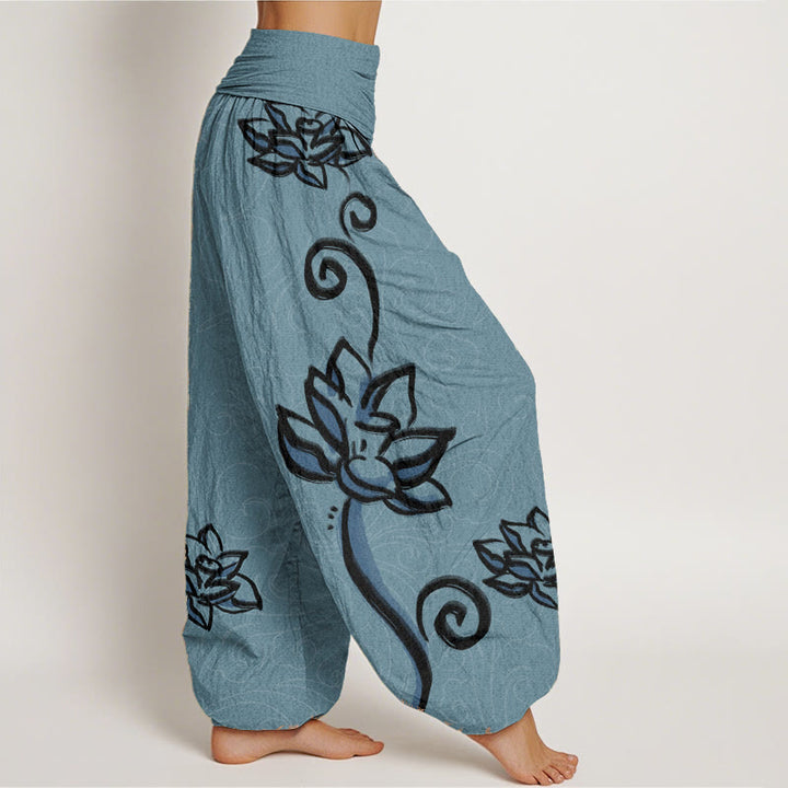 Pantaloni harem da donna con elastico in vita, in puro cotone, casual, con motivo a nuvole di buon auspicio e Buddha Stones