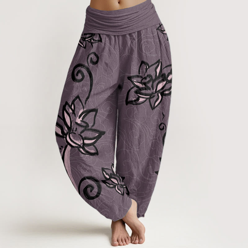 Pantaloni harem da donna con elastico in vita, in puro cotone, casual, con motivo a nuvole di buon auspicio e Buddha Stones