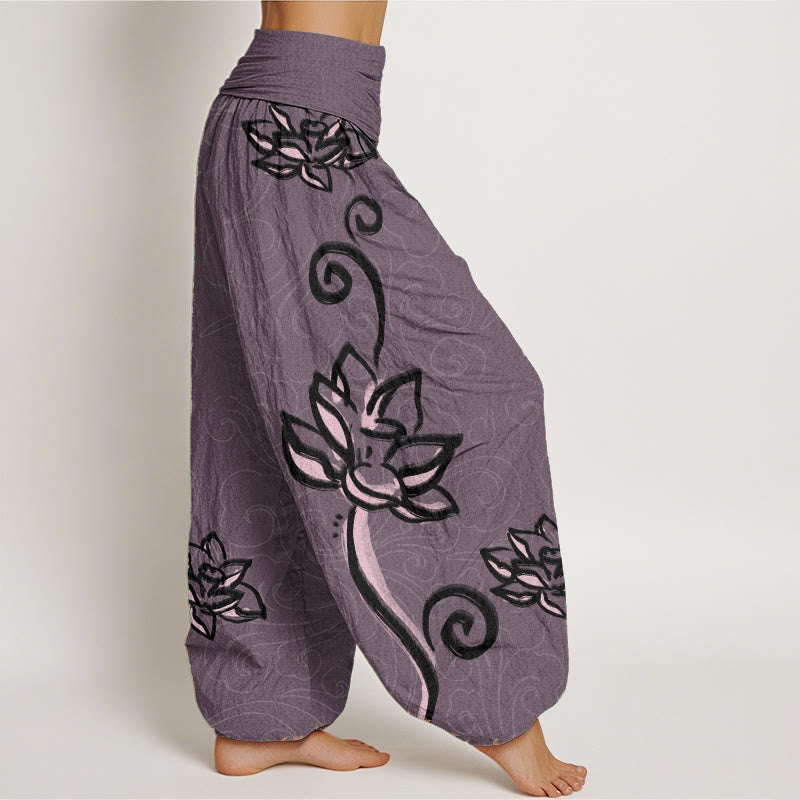 Pantaloni harem da donna con elastico in vita, in puro cotone, casual, con motivo a nuvole di buon auspicio e Buddha Stones