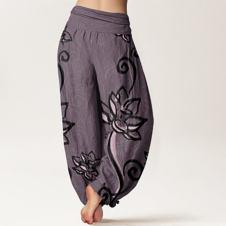 Pantaloni harem da donna con elastico in vita, in puro cotone, casual, con motivo a nuvole di buon auspicio e Buddha Stones