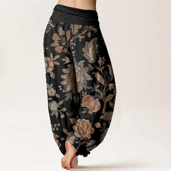 Pantaloni harem da donna in cotone puro con elastico in vita, motivo: Buddha Stones, fiori in fiore e boccioli.