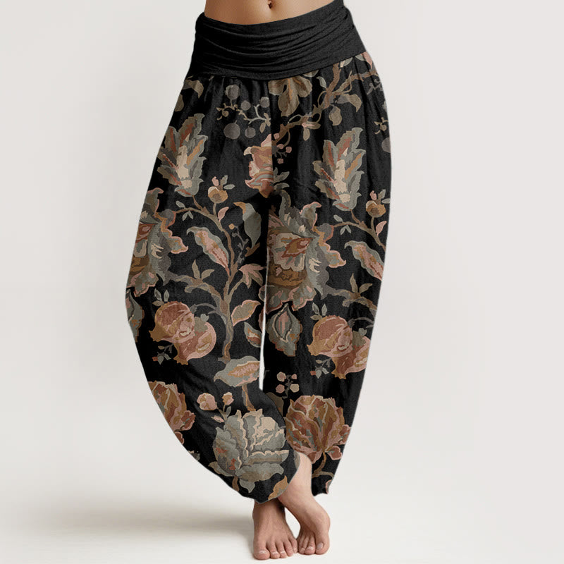 Pantaloni harem da donna in cotone puro con elastico in vita, motivo: Buddha Stones, fiori in fiore e boccioli. - Nero - US22, UK/AU26, EU54 (6XL) - image 0
