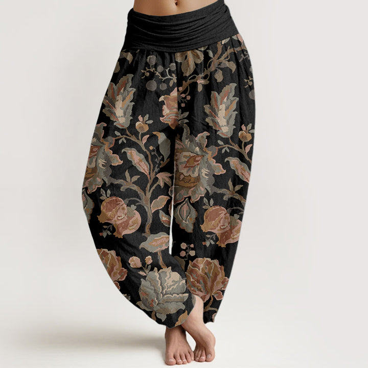 Pantaloni harem da donna in cotone puro con elastico in vita, motivo: Buddha Stones, fiori in fiore e boccioli.