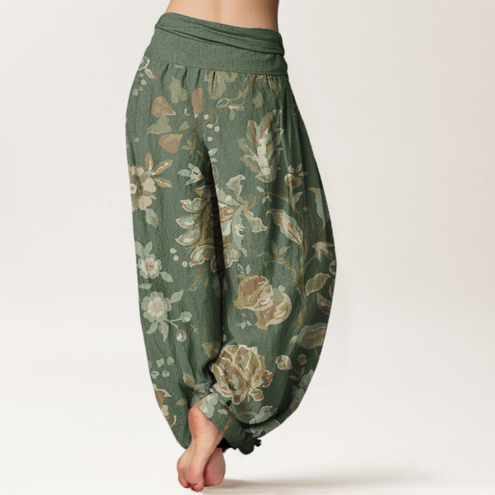 Pantaloni harem da donna in cotone puro con elastico in vita, motivo: Buddha Stones, fiori in fiore e boccioli.