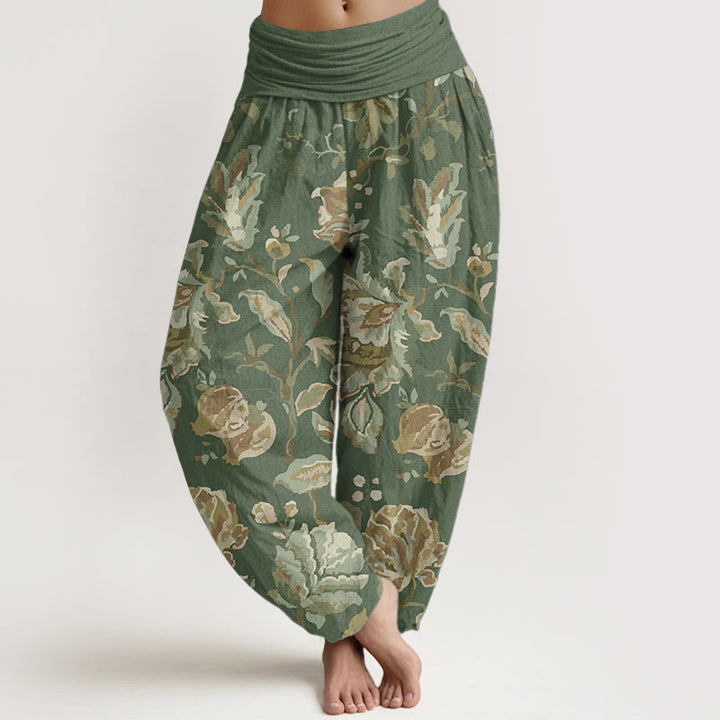 Pantaloni harem da donna in cotone puro con elastico in vita, motivo: Buddha Stones, fiori in fiore e boccioli.