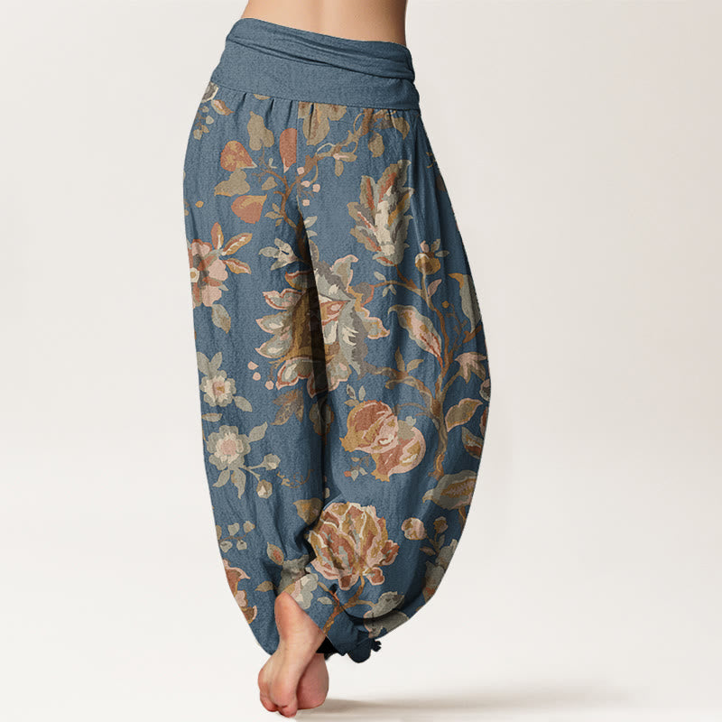 Pantaloni harem da donna in cotone puro con elastico in vita, motivo: Buddha Stones, fiori in fiore e boccioli.