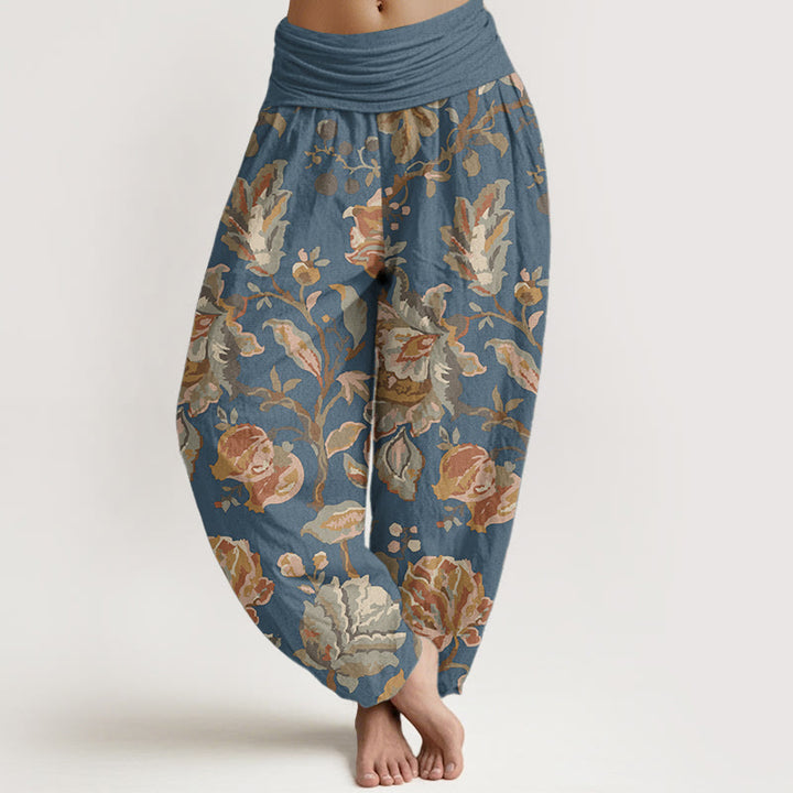 Pantaloni harem da donna in cotone puro con elastico in vita, motivo: Buddha Stones, fiori in fiore e boccioli.
