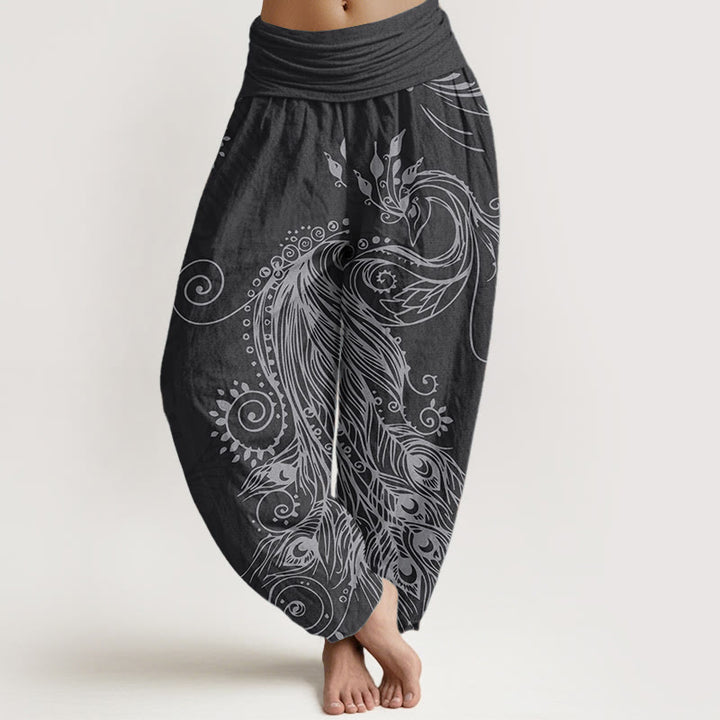 Pantaloni harem da donna con elastico in vita, in puro cotone, casual, con motivo a pavone, motivo Buddha Stones