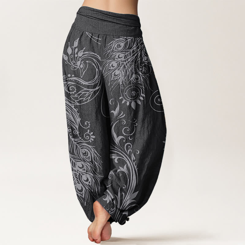 Pantaloni harem da donna con elastico in vita, in puro cotone, casual, con motivo a pavone, motivo Buddha Stones