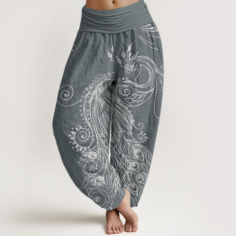 Pantaloni harem da donna con elastico in vita, in puro cotone, casual, con motivo a pavone, motivo Buddha Stones