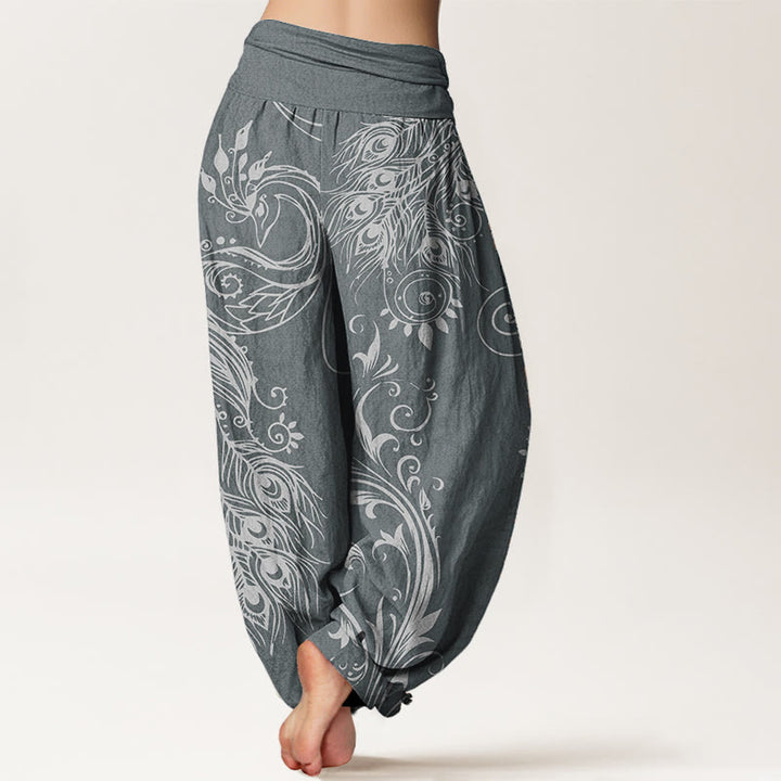Pantaloni harem da donna con elastico in vita, in puro cotone, casual, con motivo a pavone, motivo Buddha Stones