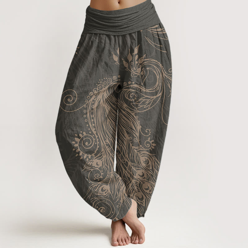Pantaloni harem da donna con elastico in vita, in puro cotone, casual, con motivo a pavone, motivo Buddha Stones