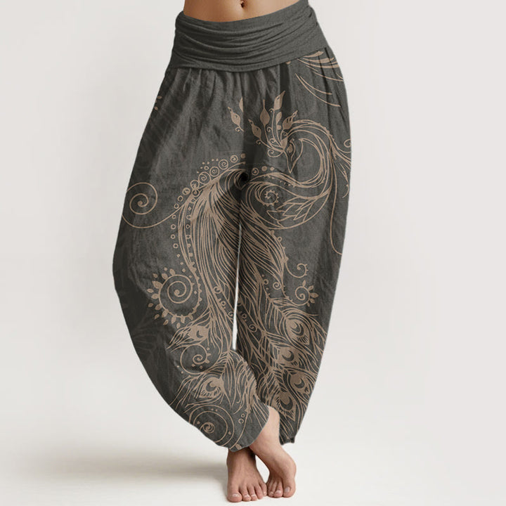 Pantaloni harem da donna con elastico in vita, in puro cotone, casual, con motivo a pavone, motivo Buddha Stones