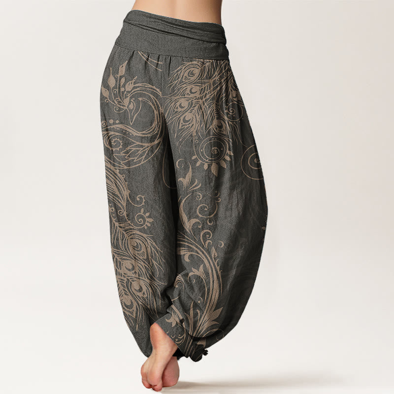 Pantaloni harem da donna con elastico in vita, in puro cotone, casual, con motivo a pavone, motivo Buddha Stones