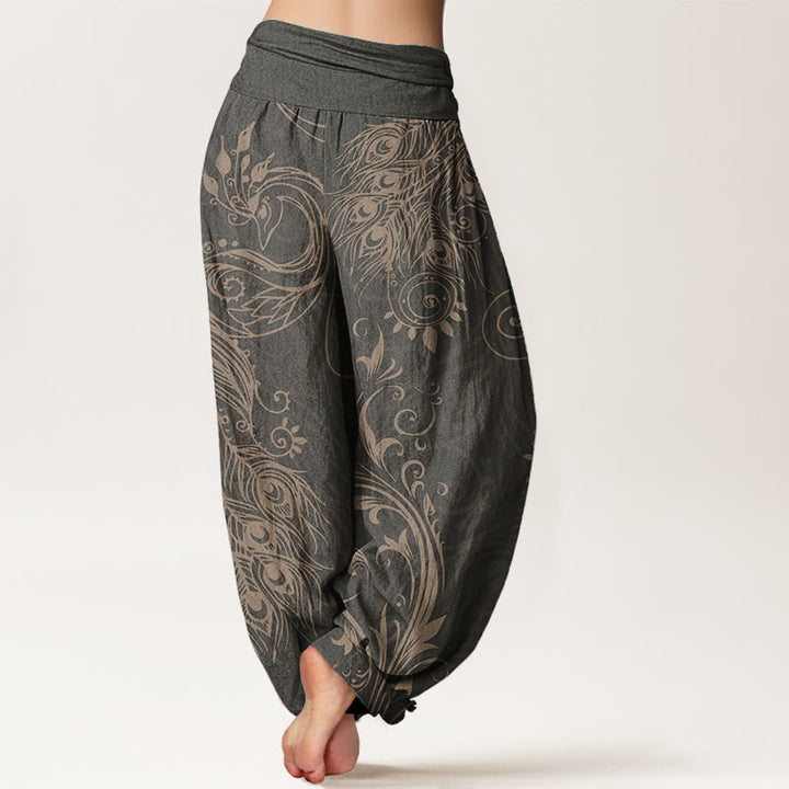 Pantaloni harem da donna con elastico in vita, in puro cotone, casual, con motivo a pavone, motivo Buddha Stones