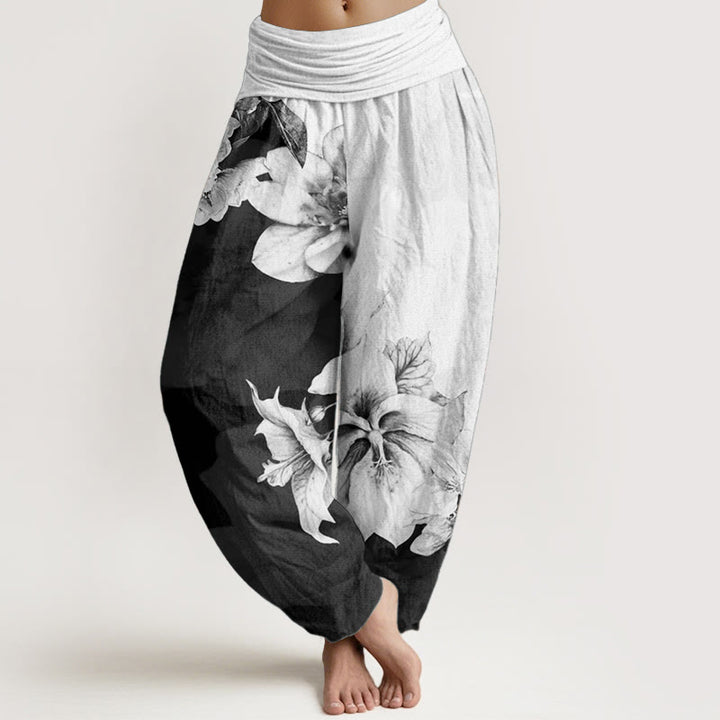 Pantaloni harem da donna con elastico in vita e motivo camelia in Buddha Stones