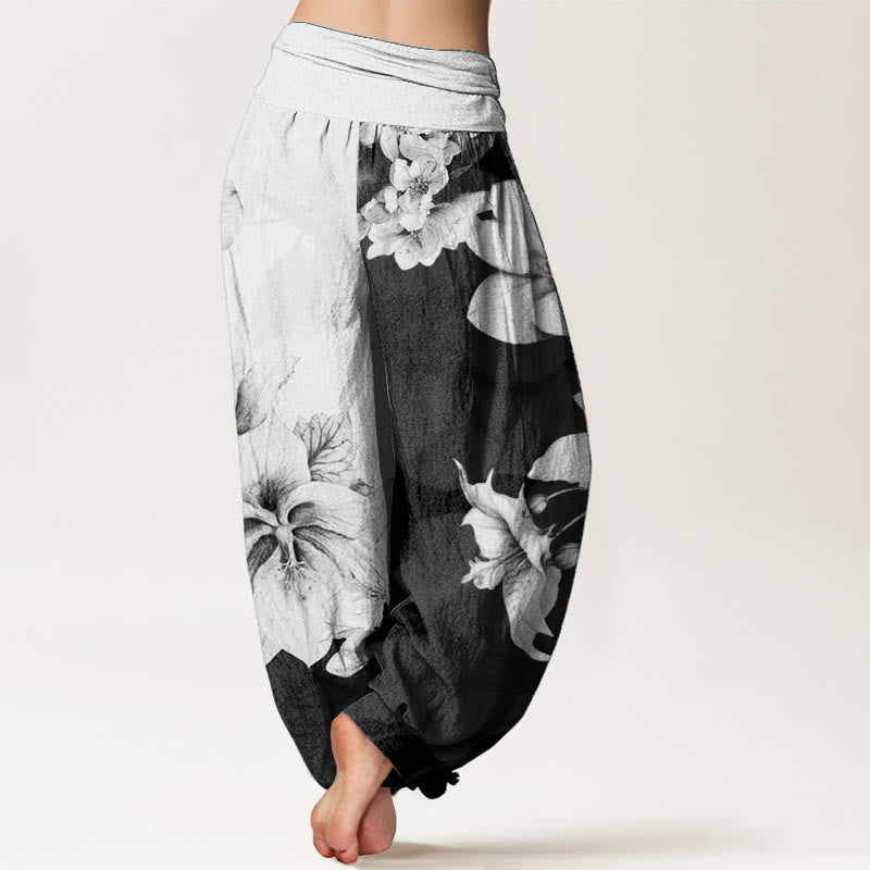 Pantaloni harem da donna con elastico in vita e motivo camelia in Buddha Stones