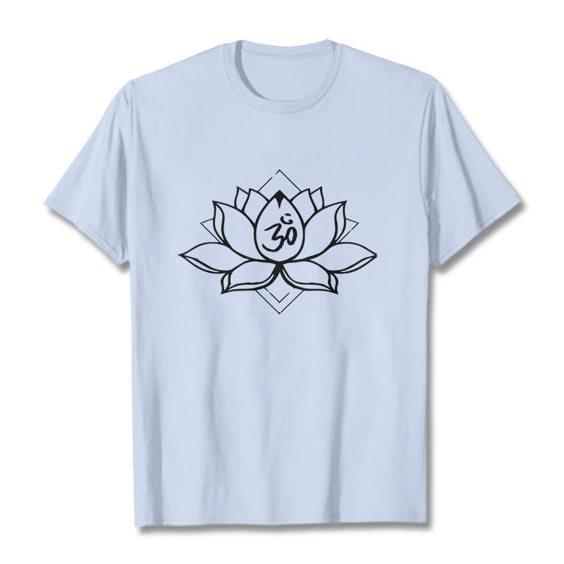 Maglietta in cotone con motivo sanscrito "Om" Buddha Stones, Lotus in fiore - Ciano chiaro - 2XL - image 19