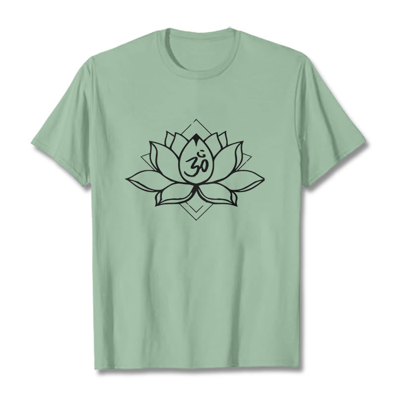 Maglietta in cotone con motivo sanscrito "Om" Buddha Stones, Lotus in fiore - Verde pallido - 2XL - image 14