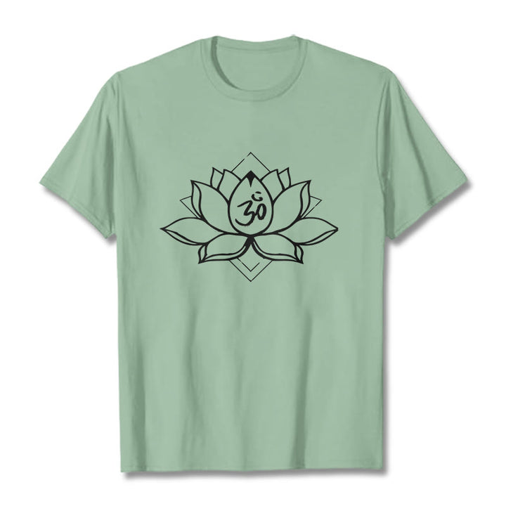 Maglietta in cotone con motivo sanscrito "Om" Buddha Stones, Lotus in fiore - Verde pallido - 2XL - image 15
