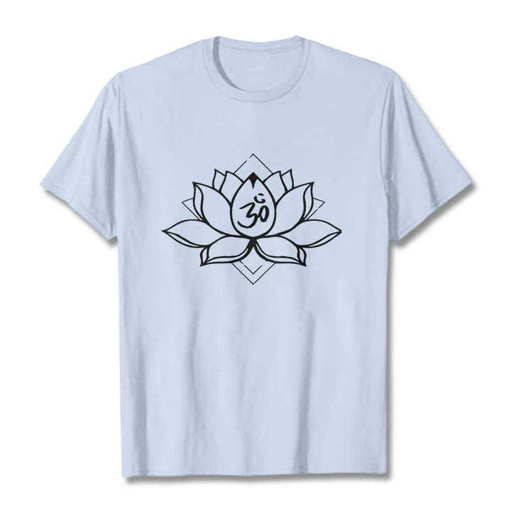 Maglietta in cotone con motivo sanscrito "Om" Buddha Stones, Lotus in fiore - Ciano chiaro - 2XL - image 18