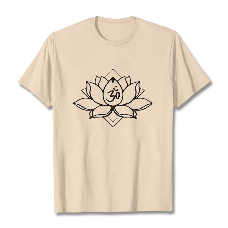 Maglietta in cotone con motivo sanscrito "Om" Buddha Stones, Lotus in fiore - Biscotto - 2XL - image 9