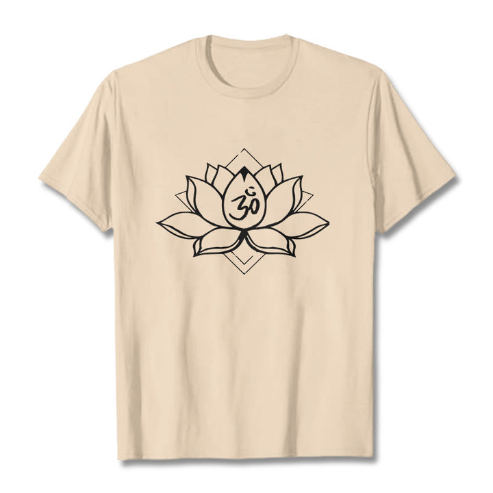 Maglietta in cotone con motivo sanscrito "Om" Buddha Stones, Lotus in fiore - Biscotto - 2XL - image 9