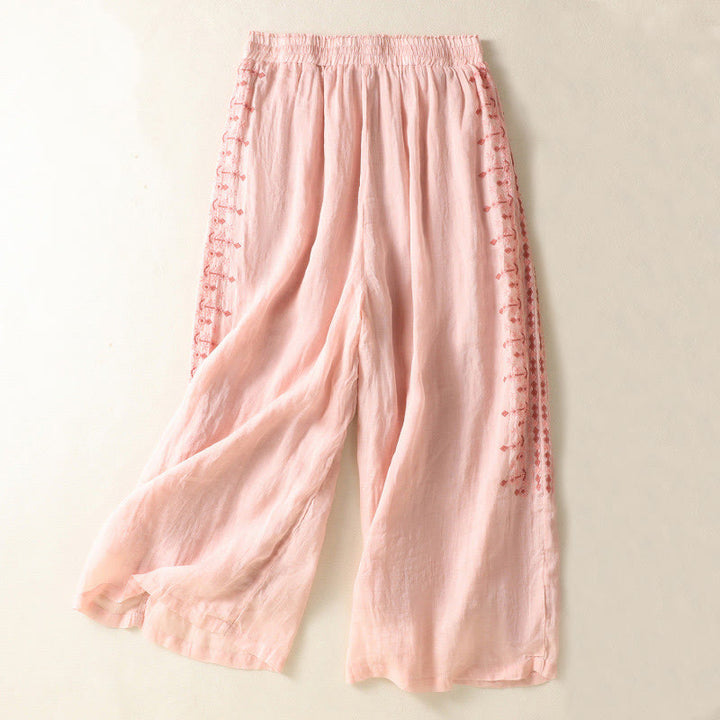 Pantaloni a gamba larga in cotone e lino con coulisse, vita alta e tasche, da donna, con ricamo etnico Buddha Stones