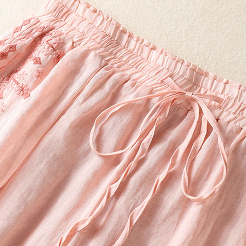 Pantaloni a gamba larga in cotone e lino con coulisse, vita alta e tasche, da donna, con ricamo etnico Buddha Stones - image 8