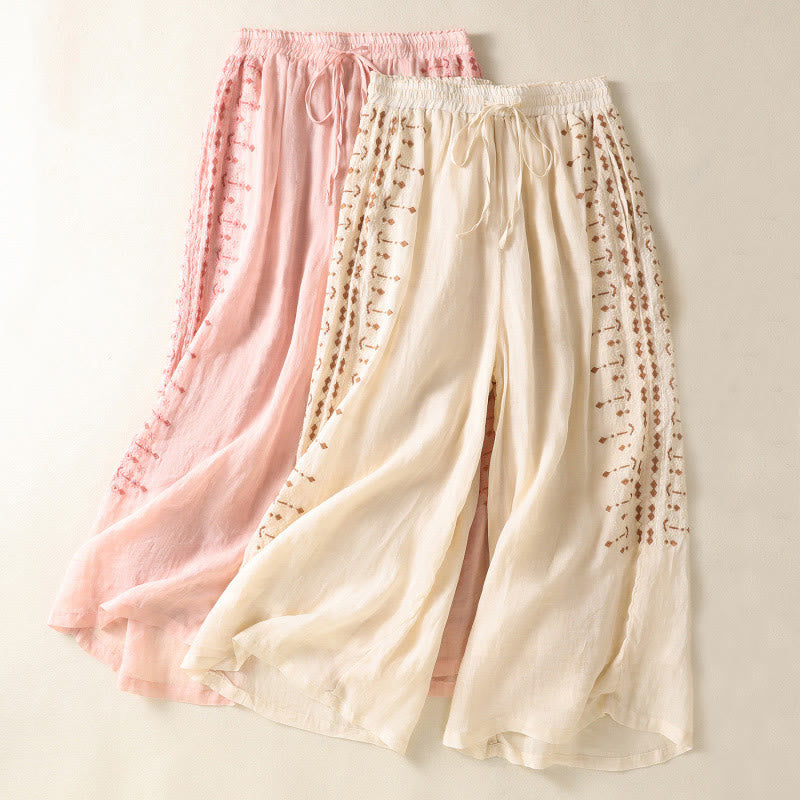 Pantaloni a gamba larga in cotone e lino con coulisse, vita alta e tasche, da donna, con ricamo etnico Buddha Stones