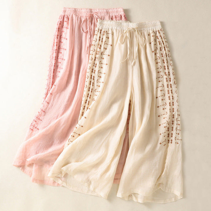 Pantaloni a gamba larga in cotone e lino con coulisse, vita alta e tasche, da donna, con ricamo etnico Buddha Stones