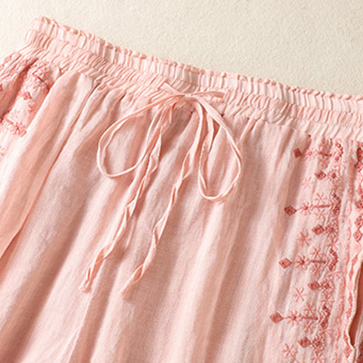 Pantaloni a gamba larga in cotone e lino con coulisse, vita alta e tasche, da donna, con ricamo etnico Buddha Stones - image 9