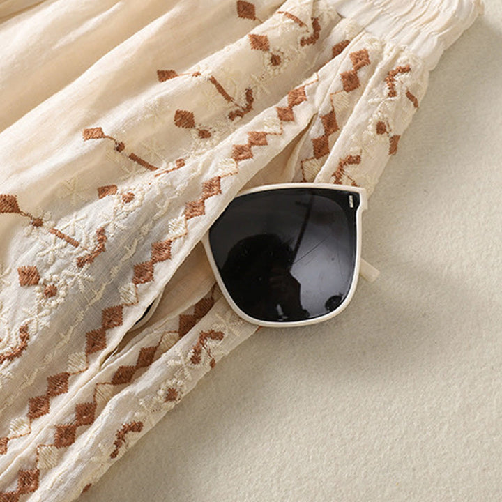 Pantaloni a gamba larga in cotone e lino con coulisse, vita alta e tasche, da donna, con ricamo etnico Buddha Stones - image 4