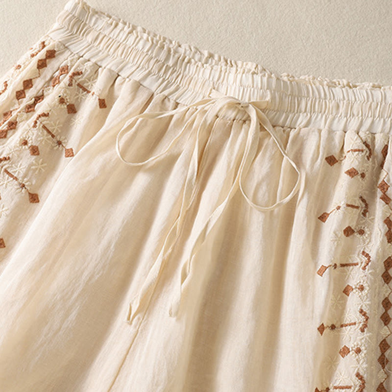 Pantaloni a gamba larga in cotone e lino con coulisse, vita alta e tasche, da donna, con ricamo etnico Buddha Stones
