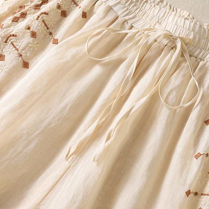 Pantaloni a gamba larga in cotone e lino con coulisse, vita alta e tasche, da donna, con ricamo etnico Buddha Stones
