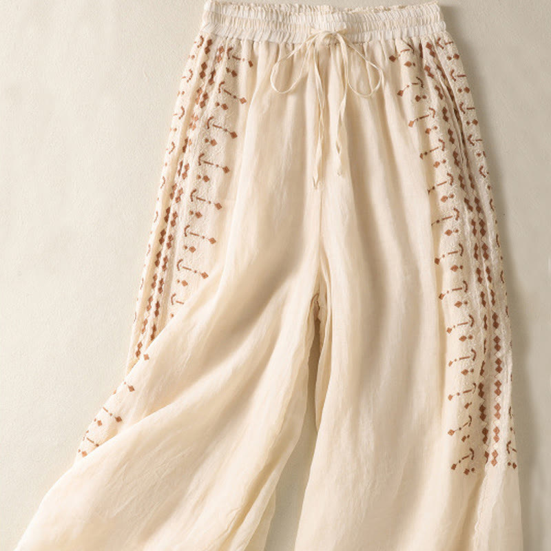 Pantaloni a gamba larga in cotone e lino con coulisse, vita alta e tasche, da donna, con ricamo etnico Buddha Stones