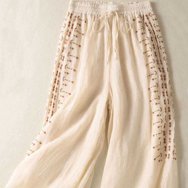 Pantaloni a gamba larga in cotone e lino con coulisse, vita alta e tasche, da donna, con ricamo etnico Buddha Stones