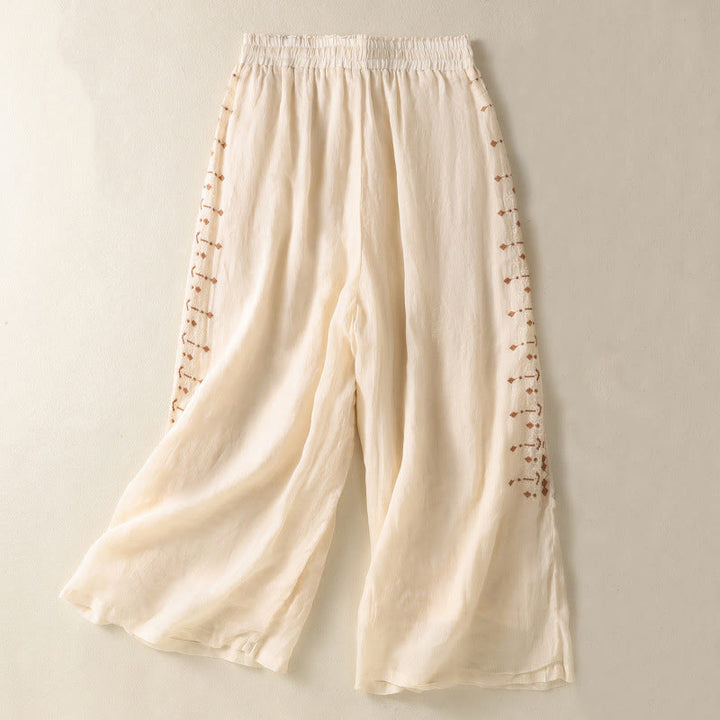 Pantaloni a gamba larga in cotone e lino con coulisse, vita alta e tasche, da donna, con ricamo etnico Buddha Stones - LemonChiffon - US8-10, UK/AU12-14, EU40-42 (2XL) - image 0
